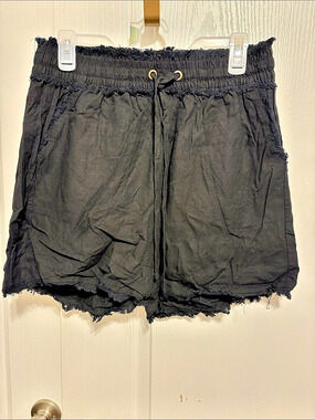 ZENANA Linen Blend Drawstring Frayed Hem Shorts Black Linen-Blend Cargo Shorts